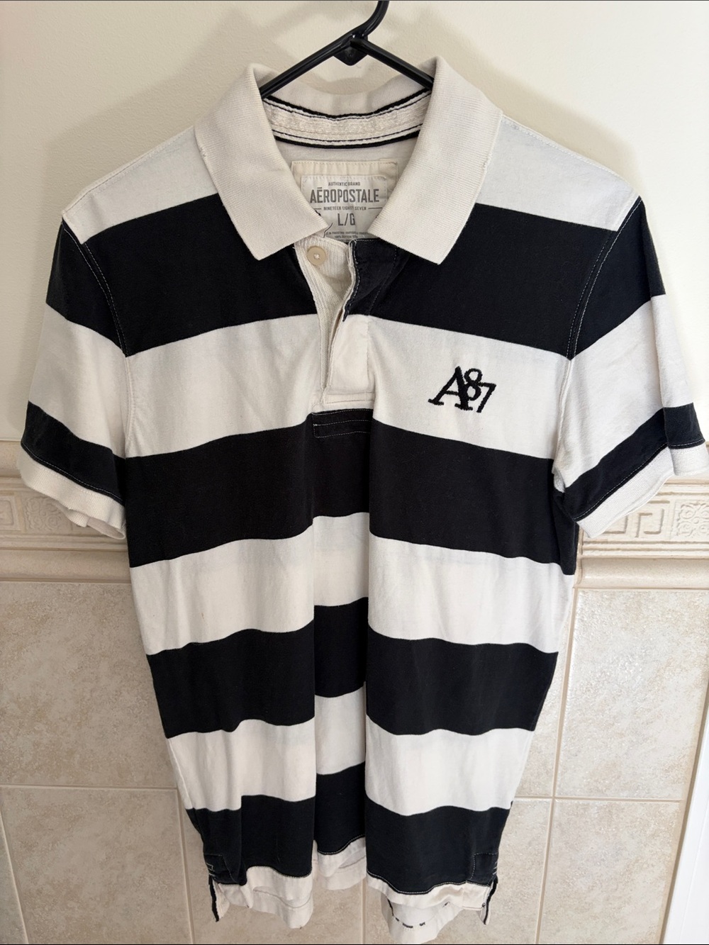 Aeropostale A87 Black and White Striped Polo